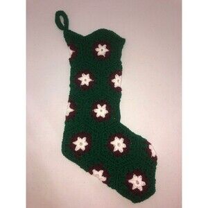 Vintage Crochet Granny Square Christmas Stocking 20" Green Burgundy White